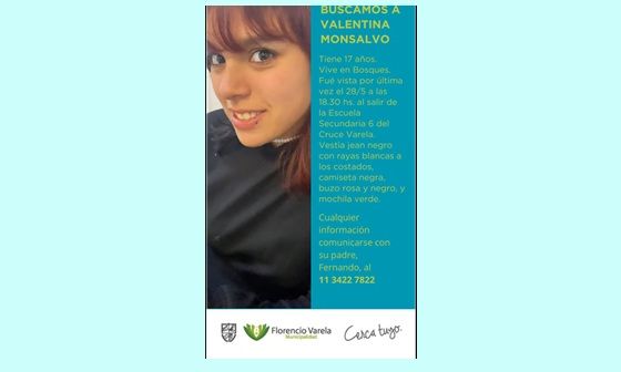 F. Varela – Se busca a Valentina Monsalvo, 17 años, desaparecida desde ayer